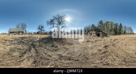 360 degree panoramic view of full seamless spherical hdri 360 panorama view in spring garden in abandoned village with destroyed barn in equirectangular projection, ready AR VR vi