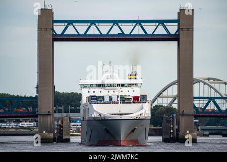 Shipping traffic on the Maas, height Hoek van Holland, Roro ferry Mazarine, passing the Calandbrug in the Calandkanaal, leaving the Europoort harbour, Stock Photo