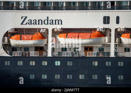 Shipping traffic on the Maas, height Hoek van Holland, cruise ship Zaandam, Holland America Lijn, lifeboats, Stock Photo