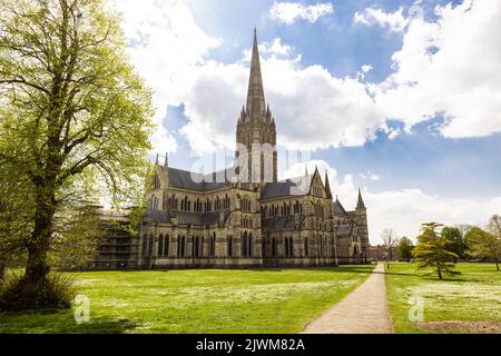Salisbury Cathedral. Cathedral Church of the Blessed Virgin Mary. The Anglican gothic cathedral in Salisbury, England, UK Stock Photo