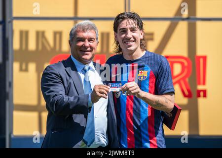 Barcelona, Spain: 6th September 2022: Ciutat Esportiva, Barcelona, Spain: Barcelona FC present new signing,   Hector Bellerin with club president Joan Laporta Stock Photo