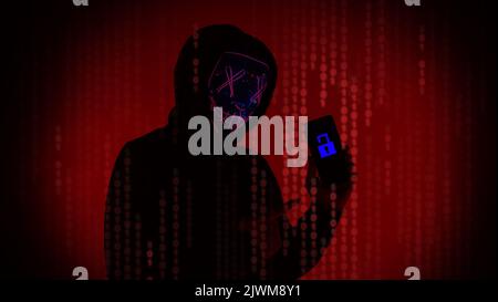 Digital security Concept. Anonymous hacker with mask holding smartphone hacked. Personal and Cyber data security in mobile phone stolen by man in mask Stock Photo