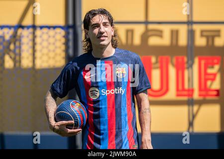 Barcelona, Spain: 6th September 2022: Ciutat Esportiva, Barcelona, Spain: Barcelona FC present new signing, Hector Bellerin with club president Joan Laporta Stock Photo