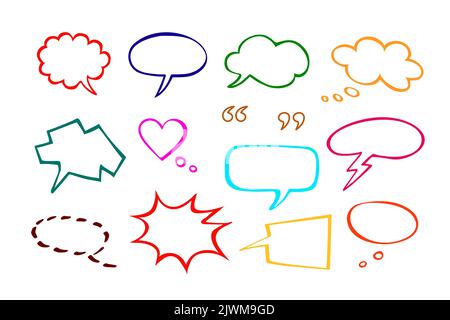 Collection of hand drawn speech bubbles of various colours and shapes. Word, thought, whisper, emotion, conversation balloons for comics, comments Stock Vector
