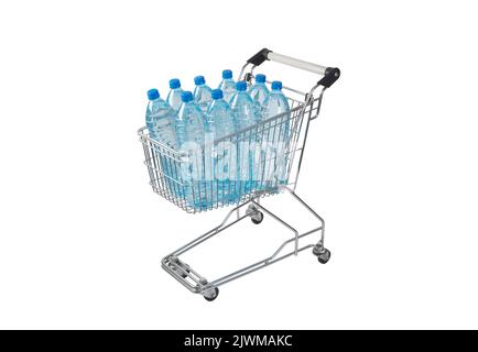 Bottles of water in trolley isolated on white background with clipping path. Water delivery. Stock Photo