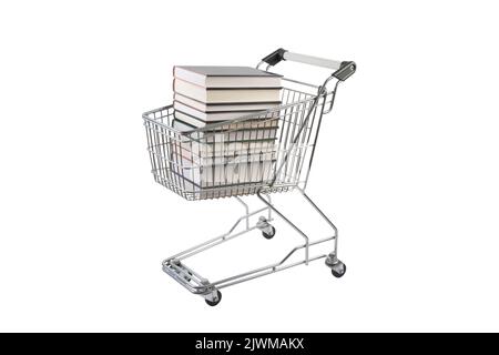 Stack of books in shopping cart isolated on white background with clipping path Stock Photo