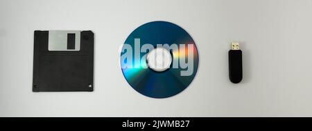 Evolution of memory cards, floppy disks, CDs and USB keys Stock Photo