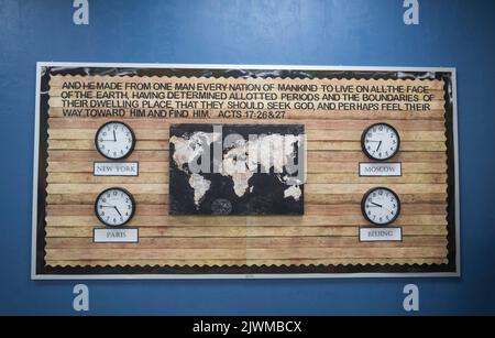 Wall hanging with Biblical verse inside a Christian School classroom In North Central Florida. Stock Photo