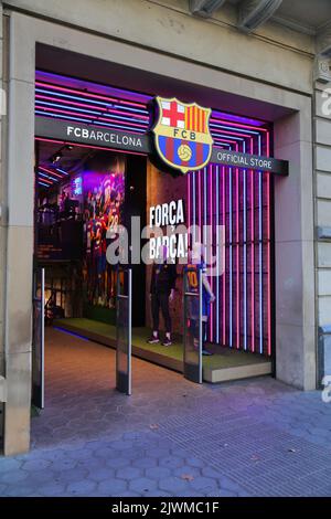 BARCELONA, SPAIN - OCTOBER 7, 2021: FC Barcelona official sports team mechandise store at Passeig de Gracia shopping street in downtown Barcelona city Stock Photo