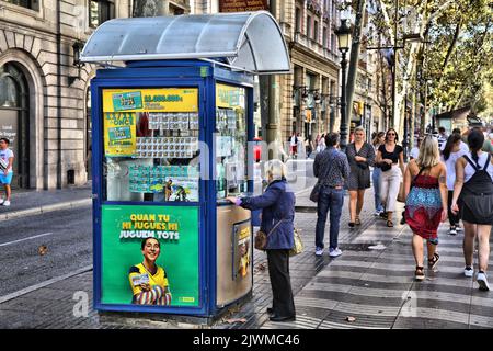 BARCELONA, SPAIN - OCTOBER 7, 2021: ONCE lottery booth in downtown Barcelona city, Spain. ONCE foundation is the National Organization of Spanish Blin Stock Photo