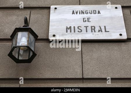 Avinguda de Mistral street name sign in Sant Antoni district, Barcelona. Famous streets of Barcelona, Spain. Stock Photo