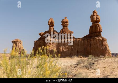 3 Sisters rock formation in Goblin Valley State Park Stock Photo