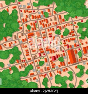 Top view landscape with rooftops, fields, forests and trees Stock Vector