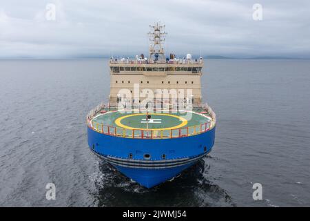 The ice breaker with a platform for helicopter landing, in the middle of a gulf. Stock Photo