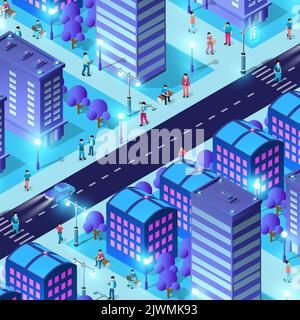 Night background isometric smart blue 3D illustration. Stock Vector