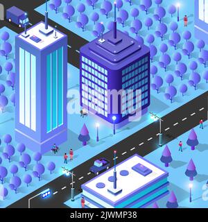Night background isometric smart blue 3D illustration. Stock Vector