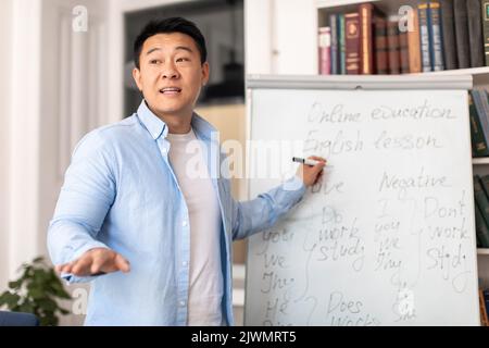 Asian Teacher Man Teaching Having English Class In Modern Classroom Stock Photo