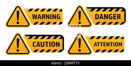 Warning signs with exclamation mark. Warning sign, danger sign, caution sign, attention sign. Vector EPS 10. Danger Zone. Stock Vector