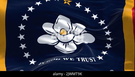 Close-up view of the Mississippi state flag waving. Mississippi is a state in the Southeastern region of the United States. Fabric textured background Stock Photo