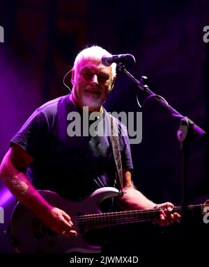 Vicenza, VI, Italy - September 4, 2022: Live Concert of an Italian band called NOMADI and guitarist CICO FALZONE Stock Photo