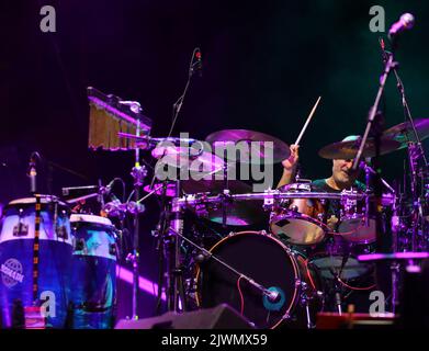 Vicenza, VI, Italy - September 4, 2022: Live Concert of an Italian band called NOMADI and drummer CAMPANI DANIELE Stock Photo