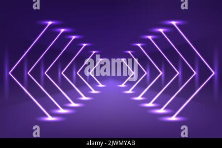 Neon lights rectangular frame horizontal sign. Background tunnel corridor portal. Geometric glow outline shape laser glowing lines. Stock Vector