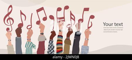 Hands up group of people of diverse culture or friends holding musical notes. Community of fans musicians collaborators who share or exchange music Stock Vector