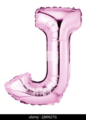 Letter J in pink mylar balloon isolated on white Stock Photo