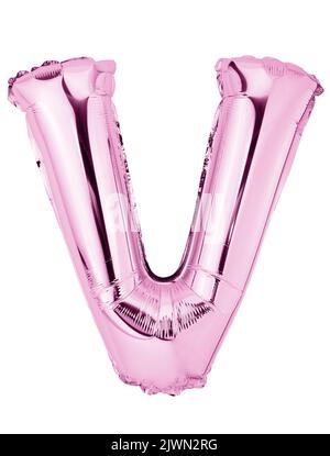 Letter V in pink mylar balloon isolated on white Stock Photo