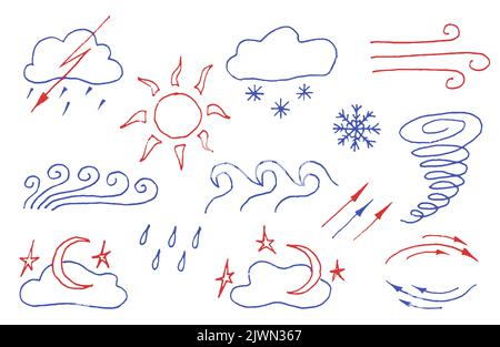 Weather web icons set drawn by color pencils, doodles vector illustration. Childs like drawing icons of Sun, cloud, rain, moon with clouds and stars Stock Vector