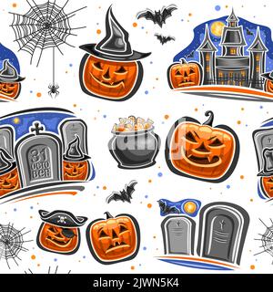 Vector Halloween seamless pattern, repeating background with cut out illustrations of various orange halloween jack-o-lanterns in hat, flying bats and Stock Vector