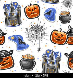 Vector Halloween seamless pattern, repeating background with cut out illustrations of orange halloween jack-o-lantern in hats, flying bat on starry ba Stock Vector