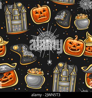 Vector Halloween seamless pattern, repeating background with cut out illustrations of orange halloween jack-o-lanterns in hats, flying bat on starry b Stock Vector