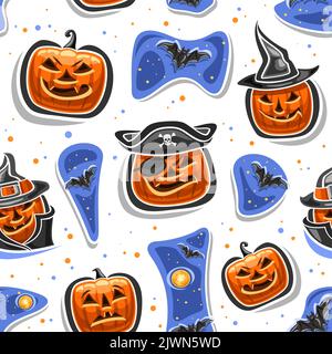 Vector Halloween seamless pattern, repeating background with cut out illustrations of orange halloween jack-o-lantern in hats, flying bat on starry ba Stock Vector