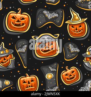 Vector Halloween seamless pattern, repeating background with cut out illustrations of orange halloween jack-o-lanterns in hats, flying bat on starry b Stock Vector