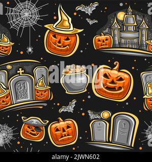 Vector Halloween seamless pattern, repeating background with set of cut out illustrations of variety halloween jack-o-lanterns in hats, flying bats an Stock Vector