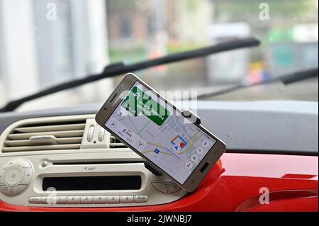 GPS navigation in a Fiat 500 Stock Photo