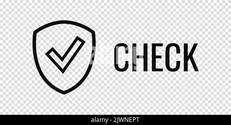 Black icon of a shield and a check mark with the text SHIELD. Information protection and security concept. Place for text. Copy space. Vector illustra Stock Vector