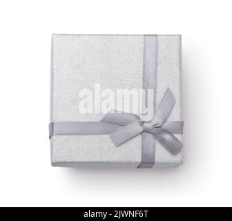 Top view of silver paper gift box with lid and ribbon isolated on white Stock Photo