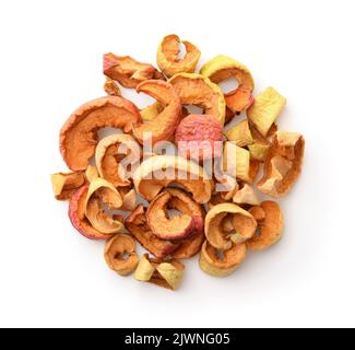 Top view of sliced dried apple chips isolated on white Stock Photo