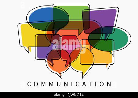 Word communication with colorful multicolored dialog speech bubbles. Vector illustration of communication concept on white isolated background. Flat s Stock Vector