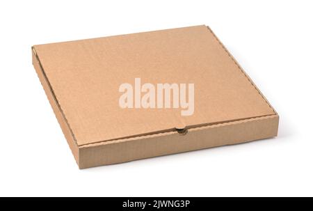 Closed blank brown cardboard pizza box isolated on white Stock Photo