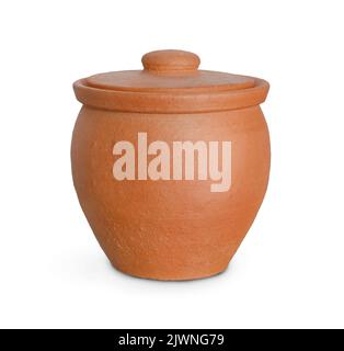 Front view of old handmade clay pot with lid isolated on white Stock Photo