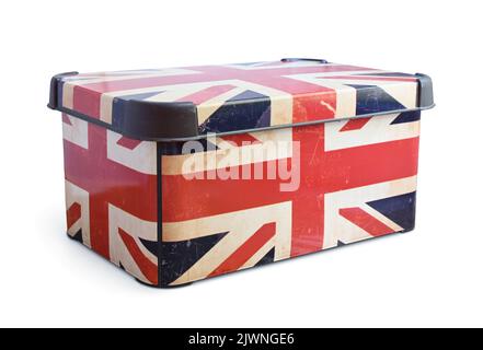 Old British Union Jack tin box isolated on white Stock Photo