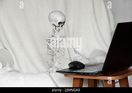 The skeleton sits on an armchair behind a laptop in an apartment, online work, overwork and stress Stock Photo