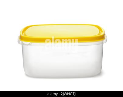 Front view of reusable storage plastic food container with yellow lid isolated on white Stock Photo