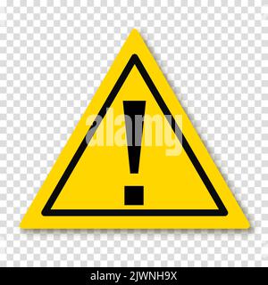 Exclamation point or mark in yellow triangle with shadow. Symbol of caution. Danger warning sign. Vector illustration on a transparent background. Stock Vector