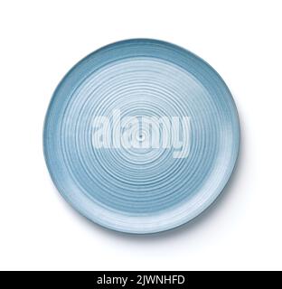 Top view of empty blue handmade flat ceramic dish isolated on white Stock Photo