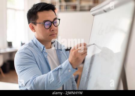 Japanese Teacher Man Writing On Blackboard Having Class Indoor Stock Photo