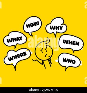 Question who, what, how, why, for what and where. Speech bubble with ask question and doodle stick man. Vector illustration on yellow background. Vect Stock Vector